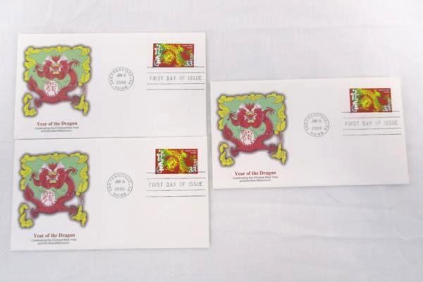 2000 Chinese New Year 3 Year of the Dragon Stamps FDC/FDI USA Collection Unused