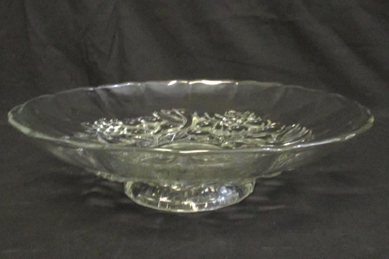 Vintage Clear Glass Footed Fruit Plate Cake Stand Fruit Design 12.5 Inch Round