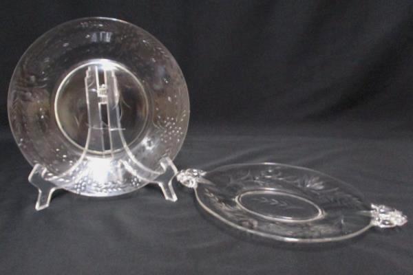 Lot of 2 Etched Glass Round Plate and Oval Handled Platter