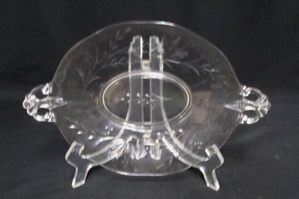 Lot of 2 Etched Glass Round Plate and Oval Handled Platter