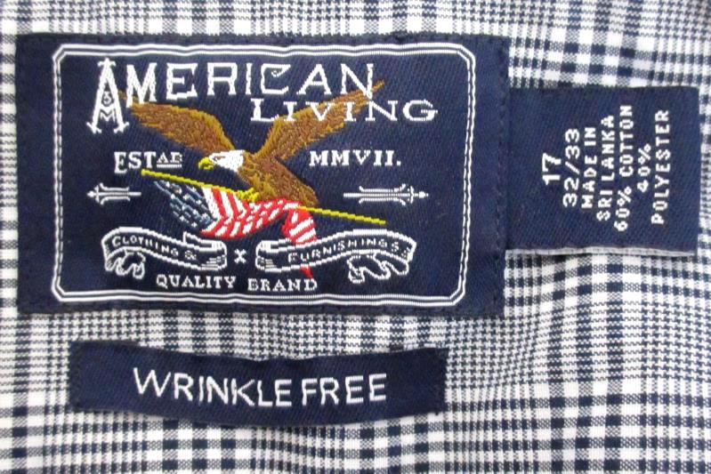 American Living Men's Button Up Shirt Wrinkle Free Black White Plaid Sz 17 32 33