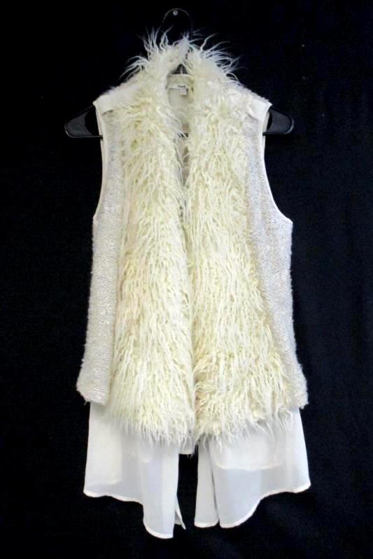 Papaya Women's Faux Fur Open Front Vest Sheer Ivory Acrylic Blend Sz M