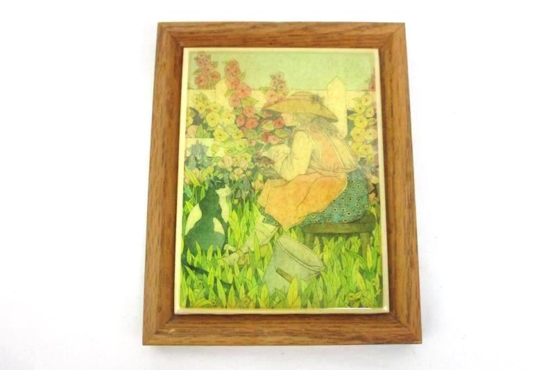 Framed Tile Trivet Woman Sitting On A Stool Picking Flowers With Her Cat
