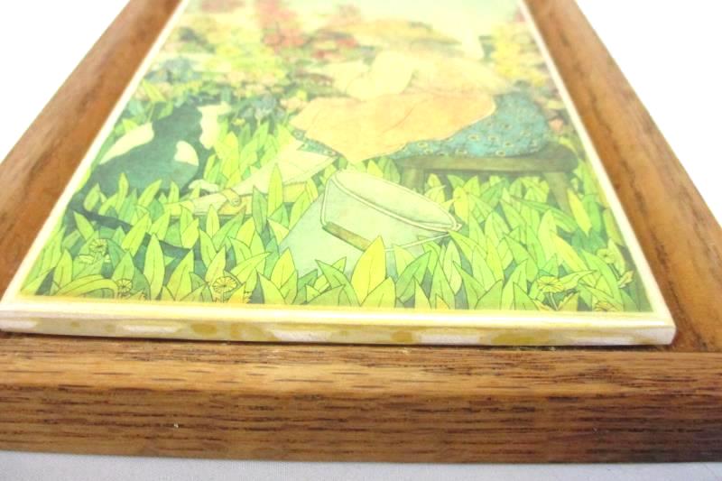 Framed Tile Trivet Woman Sitting On A Stool Picking Flowers With Her Cat