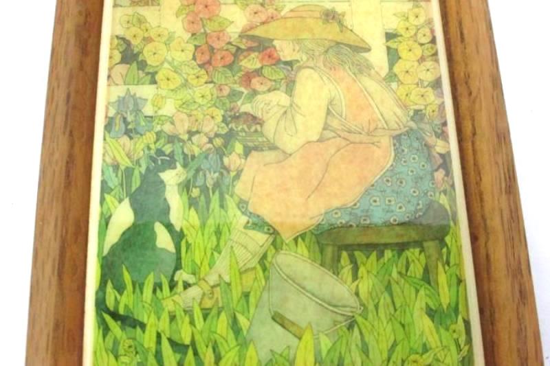 Framed Tile Trivet Woman Sitting On A Stool Picking Flowers With Her Cat