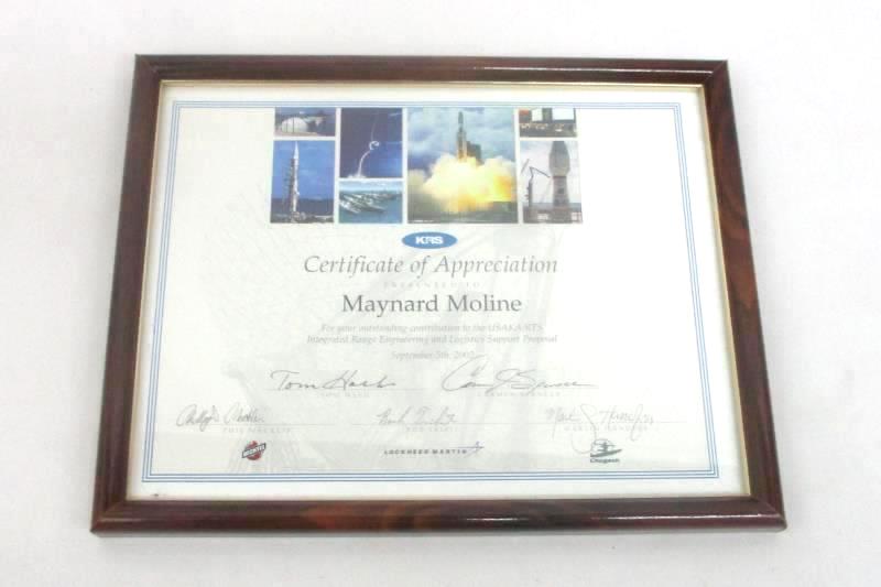 Framed Certificate of Appreciation From Bechtel KRS And Lockheed Martin Signed