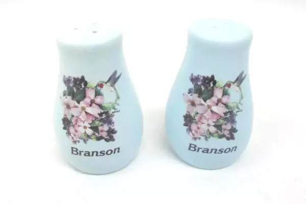 Blue Souvenir Branson Missouri Salt And Pepper Shakers Floral Design Hummingbird