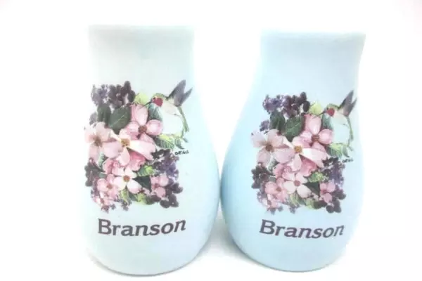Blue Souvenir Branson Missouri Salt And Pepper Shakers Floral Design Hummingbird