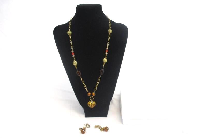 Clip On Earring and Heart Pendant Necklace Set Spotted Glass Beads Gold Tone