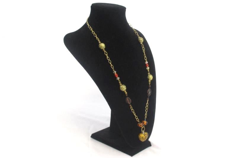 Clip On Earring and Heart Pendant Necklace Set Spotted Glass Beads Gold Tone