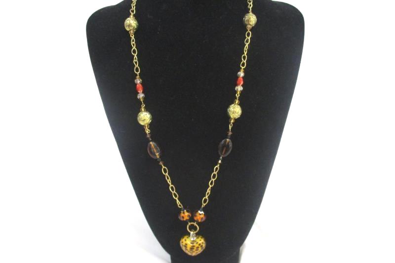 Clip On Earring and Heart Pendant Necklace Set Spotted Glass Beads Gold Tone