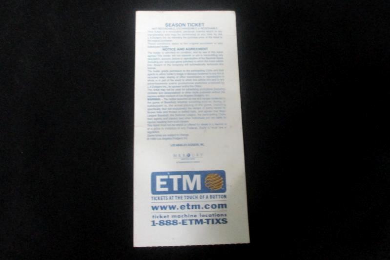 1999 ETM Ticket Stub Dodgers vs Pirates 41st Season Loge Seat