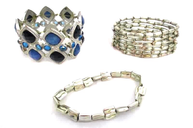 Lot of 3 Women's Elastic Beaded Bracelets Stretch Silver Tone Blue Rhinestone