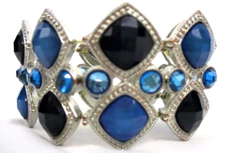 Lot of 3 Women's Elastic Beaded Bracelets Stretch Silver Tone Blue Rhinestone