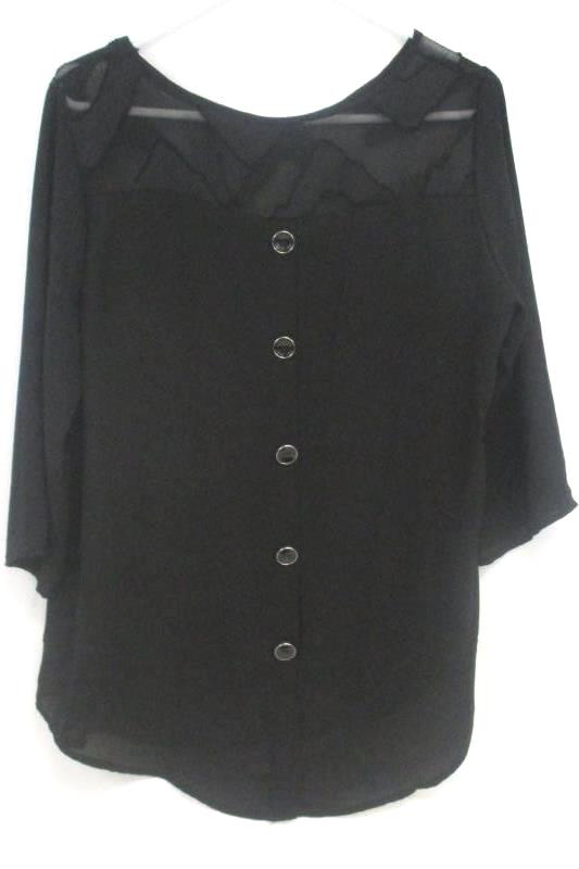 Marietta Women's Black Semi Sheer Blouse Zig Zag Striped Button Accent Size M