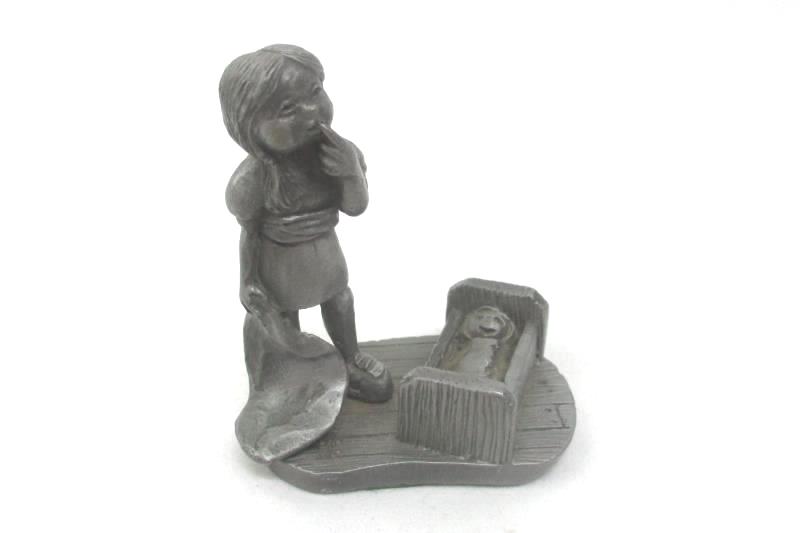 1977 Lewis Corp Pewter Figurine Pigtail Girl Holding A Blanket And Her Doll
