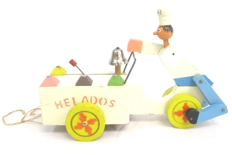Vintage Spanish Yom-Yom Wood Pull Toy Helados Bicycle Ice Cream With Bell