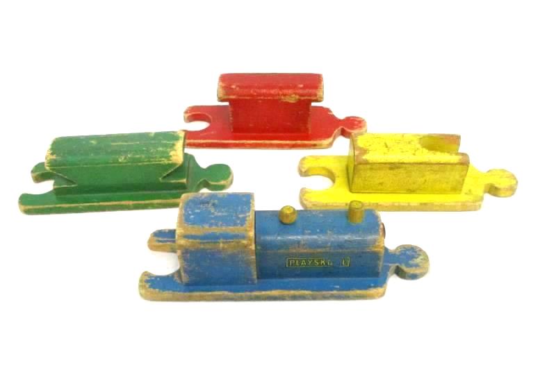 Vintage 50s Wooden Playskool Children's Train 4 Connecting Pieces Colorful Paint