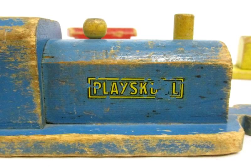 Vintage 50s Wooden Playskool Children's Train 4 Connecting Pieces Colorful Paint