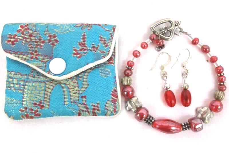 Women's Red Silver Beaded Bracelet Dangle Earring Set Chinese Silk Mini Bag