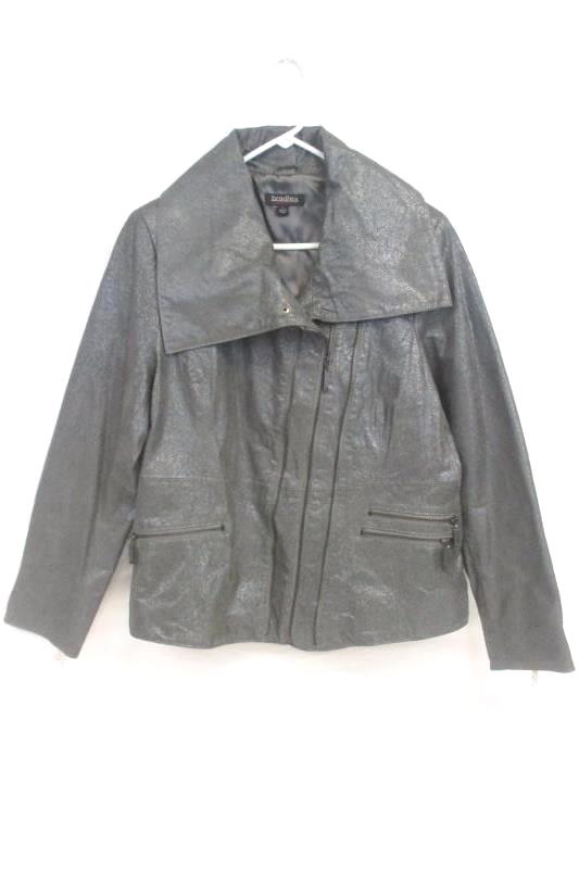 Bradley Bayou Women's Leather Moto Jacket Gray Metallic Asymmetric Full Zip Sz L