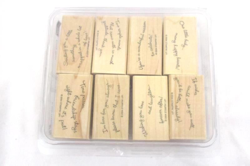 Set of 8 Stampin Up Rubber Mounted Wooden Stamps Greetings and Phrases Unused