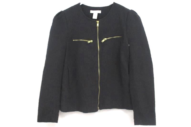 H&M Women's Full Zip Blazer Blue Gray Textured Gold Accents Pockets Size 10