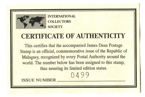 Republic of Malagasy Unused 2 James Dean Souvenir Sheetlets MNH with COA's