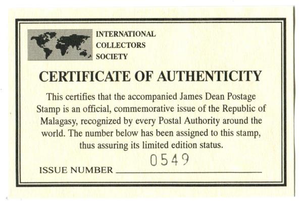 Republic of Malagasy Unused 2 James Dean Souvenir Sheetlets MNH with COA's