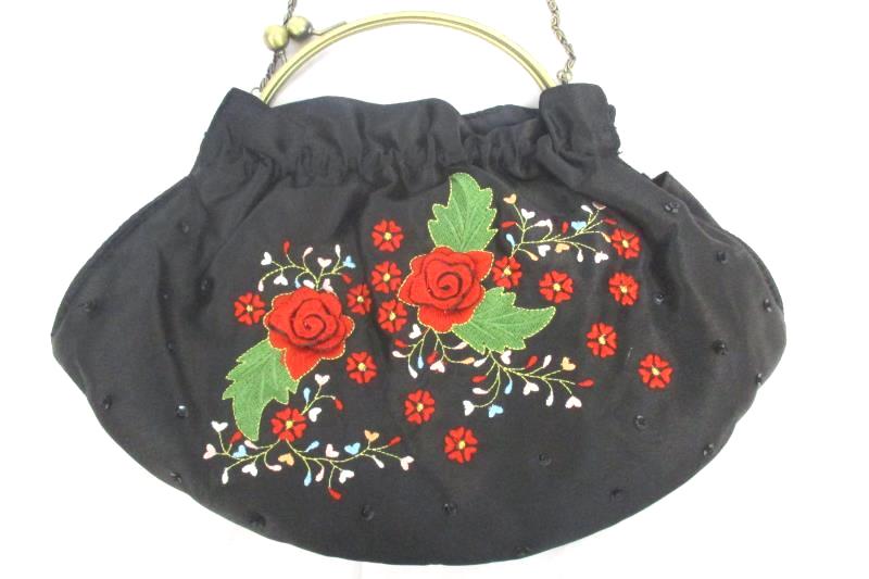 Sasha Beautiful Vintage Hand Made Handbag Clutch Black Floral Embroidery Chain