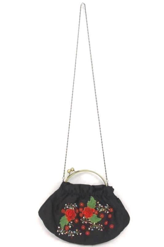 Sasha Beautiful Vintage Hand Made Handbag Clutch Black Floral Embroidery Chain