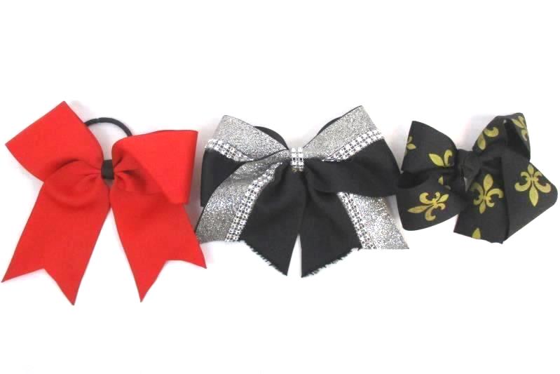 Lot of 3 Girl's Hair Ribbon Bows Clip Band Fleur Di Lis Black Rhinestone Red