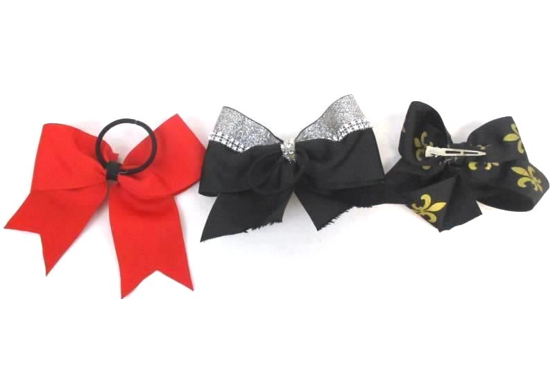 Lot of 3 Girl's Hair Ribbon Bows Clip Band Fleur Di Lis Black Rhinestone Red