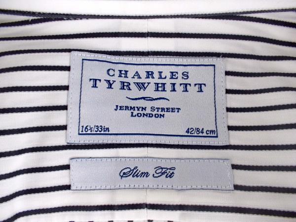 CHARLES TYRWHITT Dress Shirt Slim Fit Spread Collar Striped White Twill Sz 16.5