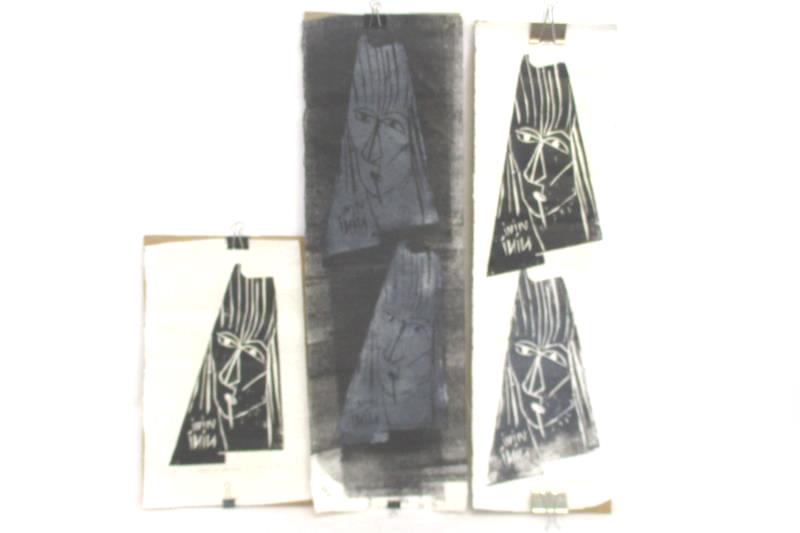 Black Ink Female Face Block Prints On Recycled Paper By Nini O Canada Lot Of 3