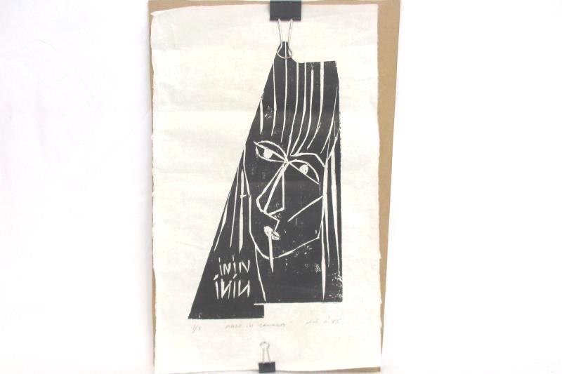 Black Ink Female Face Block Prints On Recycled Paper By Nini O Canada Lot Of 3