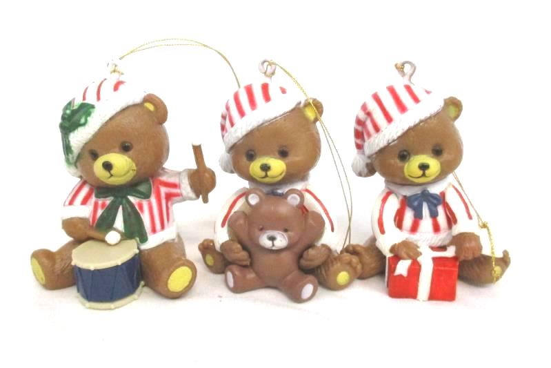 Lot of 3 Vintage Bear Ornaments Plastic White Red Striped Holiday Tree Decor