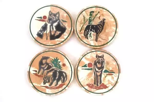 4 Ceramic Coasters Round Southwestern Pottery Wolves Wolf Coyote Cork Back