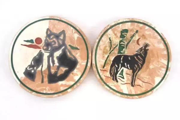 4 Ceramic Coasters Round Southwestern Pottery Wolves Wolf Coyote Cork Back
