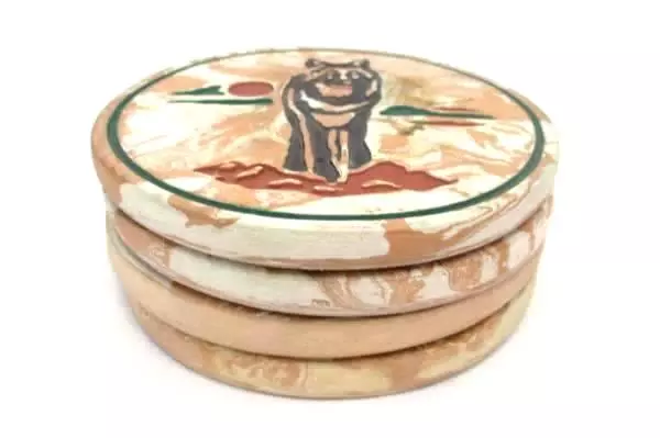 4 Ceramic Coasters Round Southwestern Pottery Wolves Wolf Coyote Cork Back