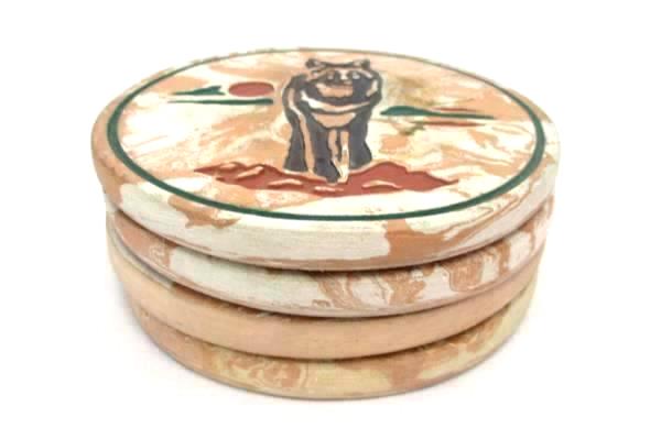 4 Ceramic Cork Back Coasters Round Southwesten Pottery Wolves Wolf Coyote
