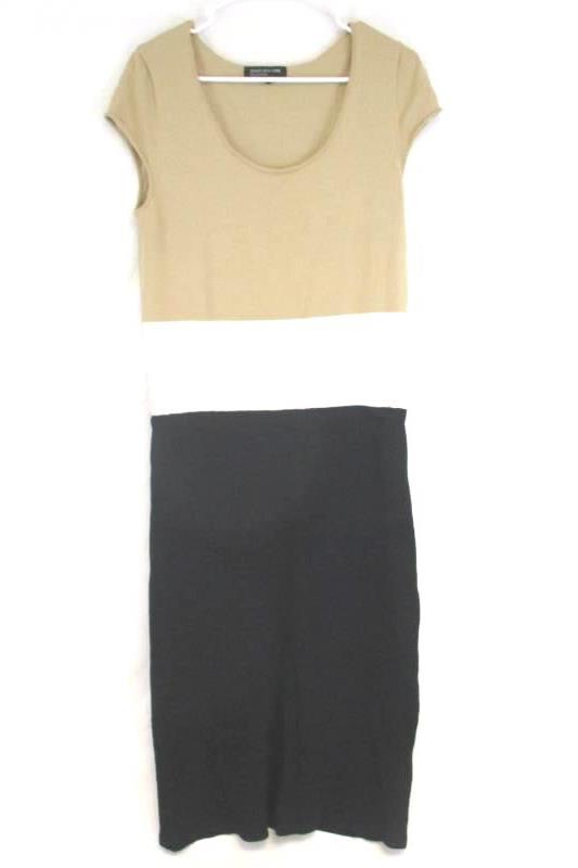 Jones New York Women's Knit Midi Dress Cap Sleeve Black White Tan Viscose Size M