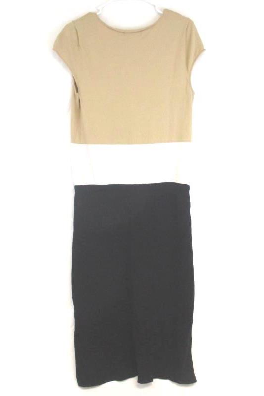 Jones New York Women's Knit Midi Dress Cap Sleeve Black White Tan Viscose Size M