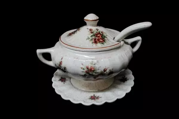 Vintage Soup Tureen White Brown Speckled Pink Brown Roses Cover Ladle Underplate