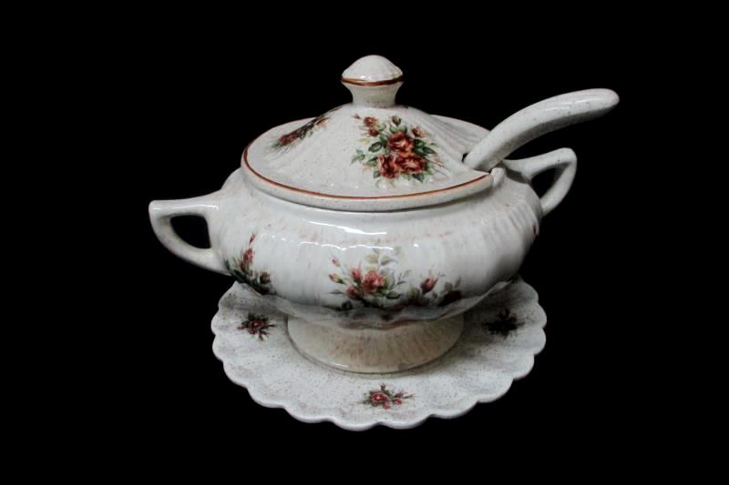 Vintage Soup Tureen White Brown Speckled Pink Brown Roses Cover Ladle Underplate