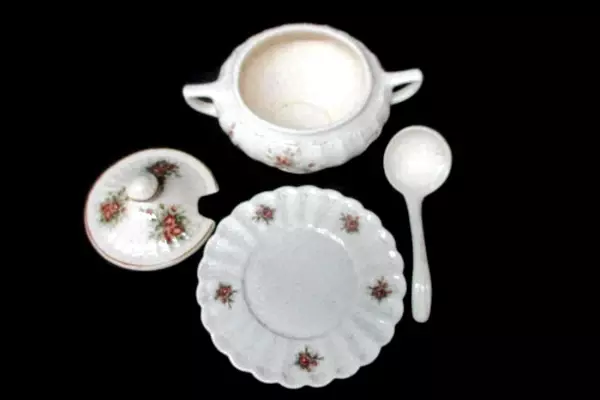 Vintage Soup Tureen White Brown Speckled Pink Brown Roses Cover Ladle Underplate