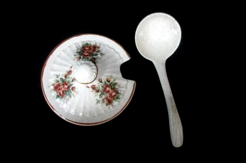 Vintage Soup Tureen White Brown Speckled Pink Brown Roses Cover Ladle Underplate