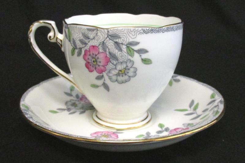 ABJ Grafton China Melville Tea Cup and Saucer Floral Gold Trim England Made