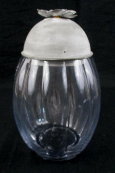 Clear Glass Jar Vase Ribbed With Metal Top Flower Rhinestone Embellished 10"