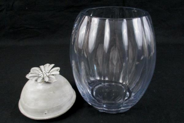 Clear Glass Jar Vase Ribbed With Metal Top Flower Rhinestone Embellished 10"